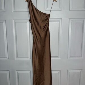 One-Shoulder Satin Slip Dress in Rose Gold